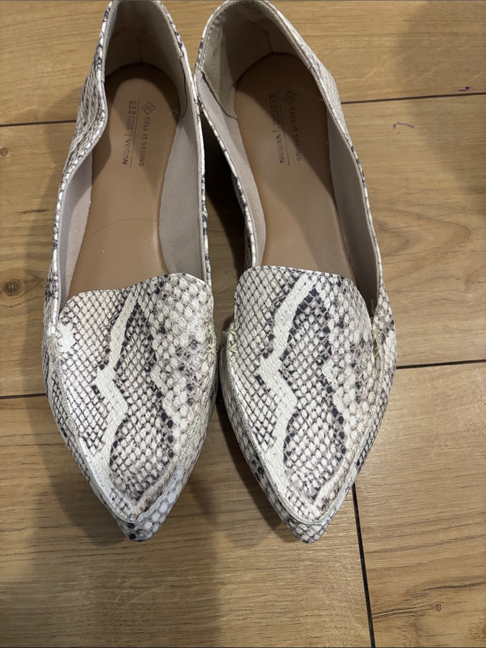 Call It Spring Women's Pointed Snake-Print Flats in White and Gray